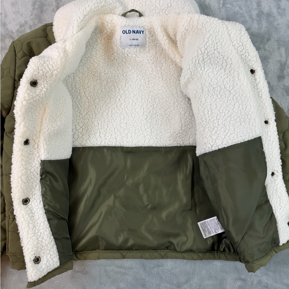 Old Navy Quilted Sherpa Hybrid Coat Girl's Large (10-12) Green Jacket - Picture 5 of 7